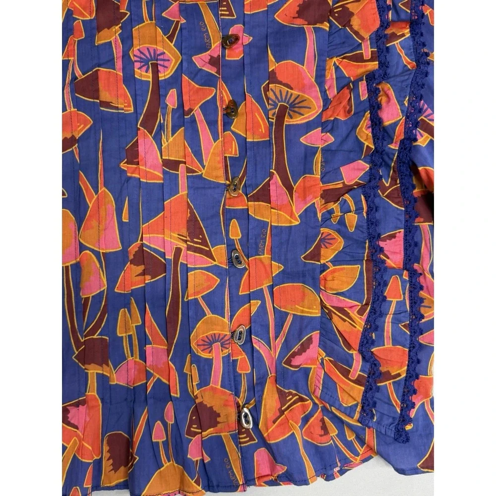 Farm Rio Bright Blue Mushroom Sketch Blouse Buttons M NEW Statement